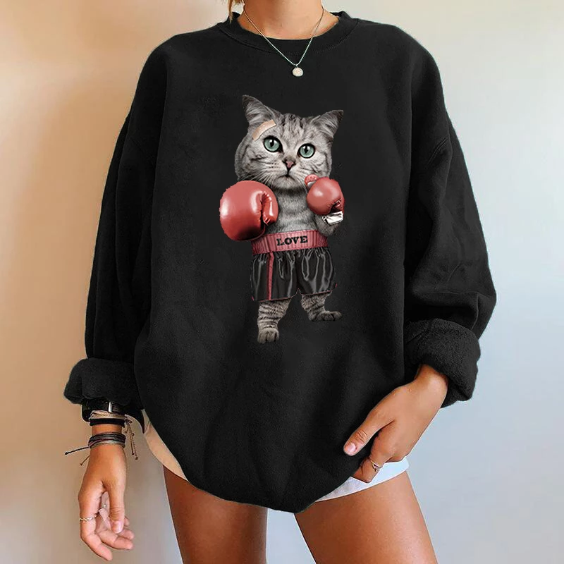 قمصان سويتش نسائية مضحكة مطبوع عليها قطة ملاكمة بأكمام طويلة قمصان سويتر كارتونية بأكمام طويلة ملابس للخريف والشتاء