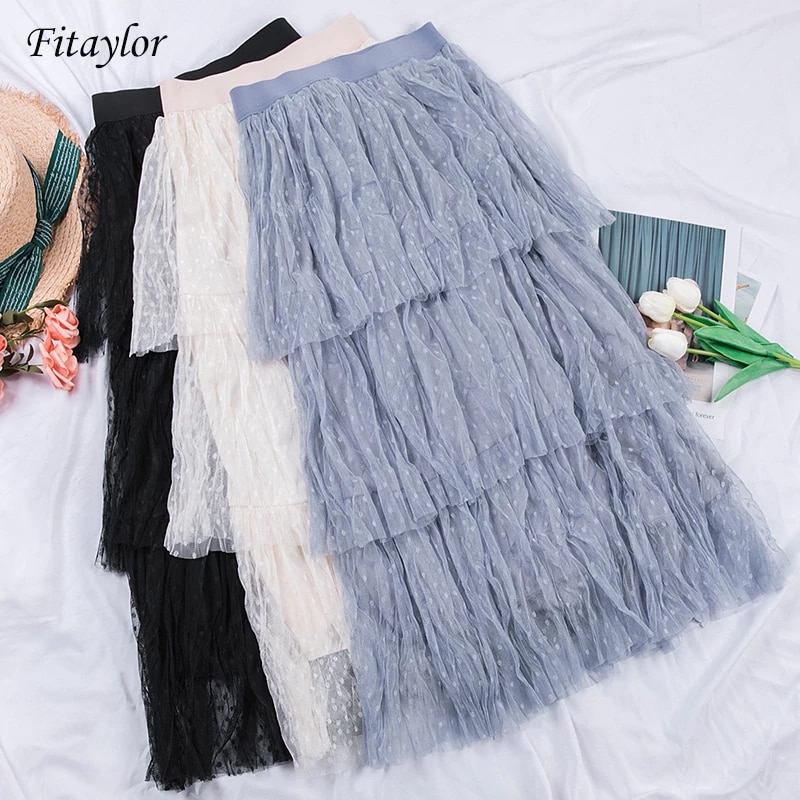 تنورة نسائية ربيعية من Fitaylor بتصميم الأميرة الخيالية تنورة تول ذات نمط مطوي تنورة طويلة مرنة الخصر
