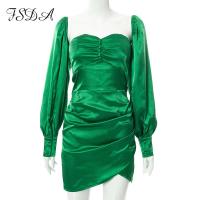 FSDA 2021 الخريف الشتاء الأخضر Bodycon فستان حفلة نساء الساتان صغيرة طويلة نفخة كم عارية الذراعين مثير ثوب أنيق نادي أسود