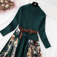 Elegnat-فستان نسائي محبوك بطيات ، ملابس الخريف ، أكمام طويلة ، ياقة دائرية ، حزام ، متوسط الطول