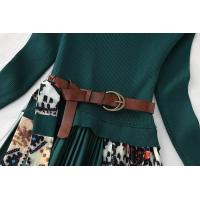 Elegnat-فستان نسائي محبوك بطيات ، ملابس الخريف ، أكمام طويلة ، ياقة دائرية ، حزام ، متوسط الطول
