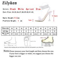 Eilyken 2022 جديد الصيف موضة تصميم نسج النساء الصنادل شفافة غريبة عالية الكعب صنادل سيدات المفتوحة حذاء مزود بفتحة للأصابع