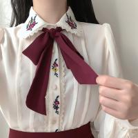 بلوزة شيفون نسائية مطرزة بالدانتيل ، ملابس الخريف ، ياقة مطوية ، قميص مكتب بأكمام طويلة مع ربطة عنق