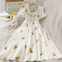 الكرز فستان الفراولة Kawaii نفخة الأكمام فستان المرأة خمر الأبيض ساحة الرقبة فساتين الشاطئ 2021 الملابس الكورية