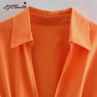 LZEQuella أنيقة تونك البرتقال قميص فساتين النساء 2021 الصيف عالية الخصر مكتب سيدة مطوي فستان بكم طويل الإناث Vestidos