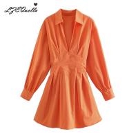 LZEQuella أنيقة تونك البرتقال قميص فساتين النساء 2021 الصيف عالية الخصر مكتب سيدة مطوي فستان بكم طويل الإناث Vestidos