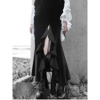 جديد التصميم الأصلي اليابانية خمر فستان أسود الدانتيل التصحيح الياقة المدورة البوق طويلة مضيئة كم القوطية فستان طويل للنساء